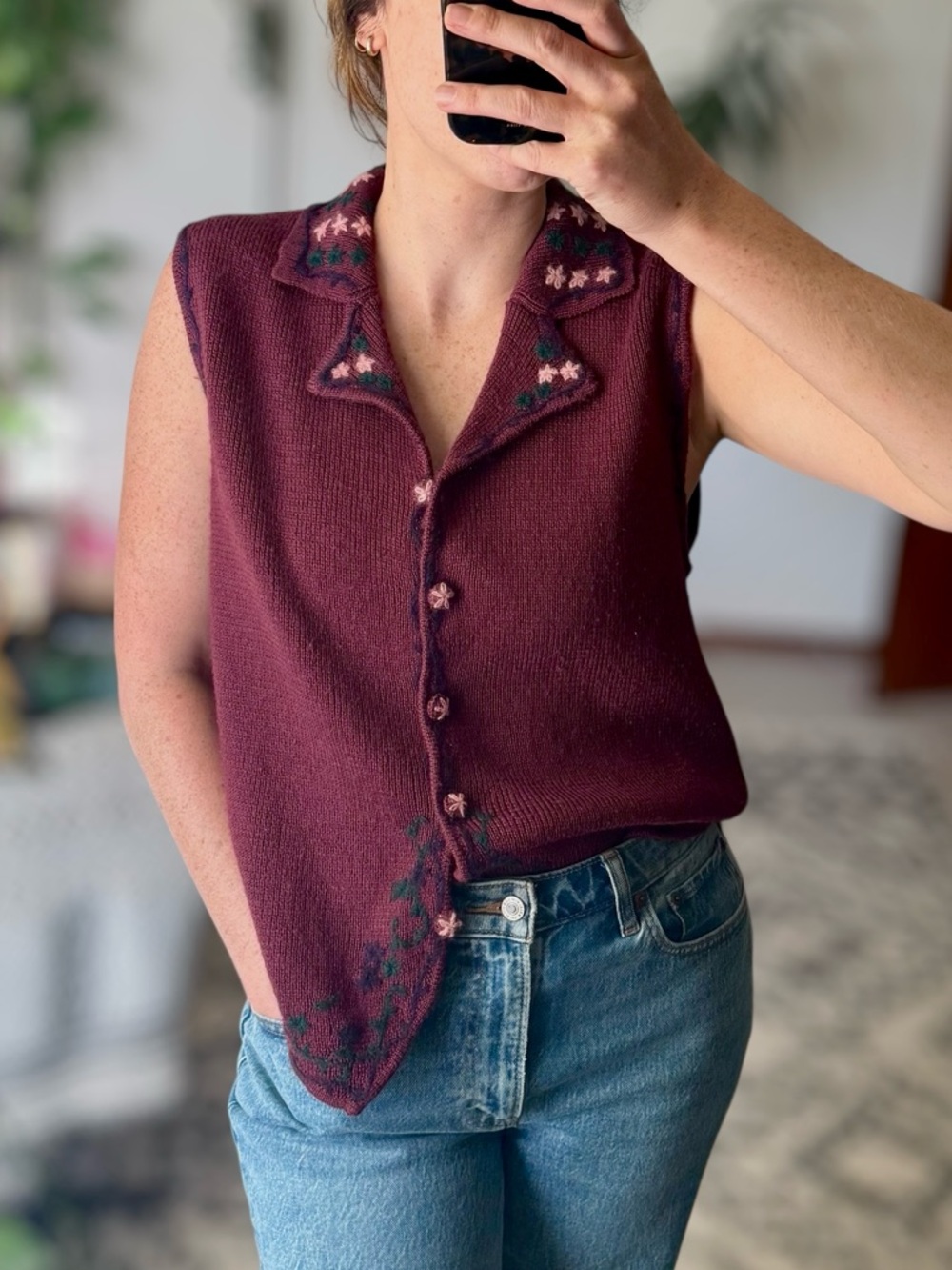 Hand Embroidered Christopher & Banks Floral Sweater Vest